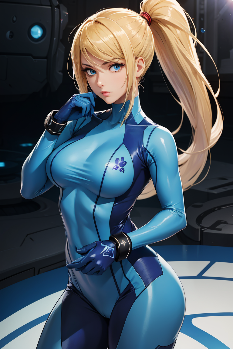 379109-885062165-absurdres, best quality, 1girl, solo, eye focus, looking at viewer, samus aran, ponytail, hair tie, blue gloves, blue bodysuit ,.png